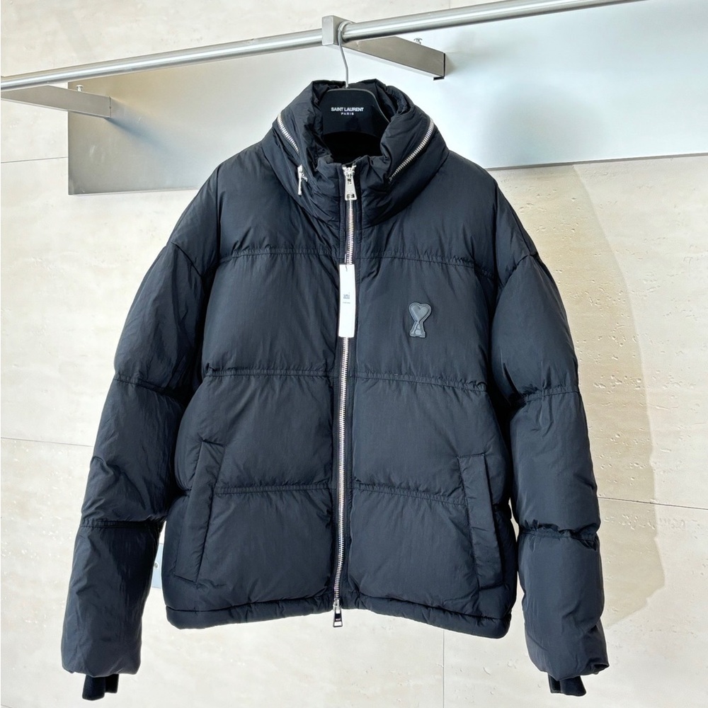 Ami Black Quilted Puffer Jacket with Logo Patch